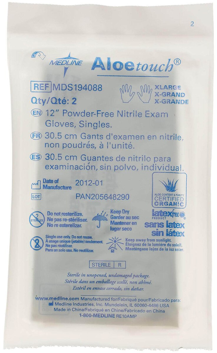 AloeTouch chemo-rated nitrile exam gloves pair in sterile pouch, powder-free